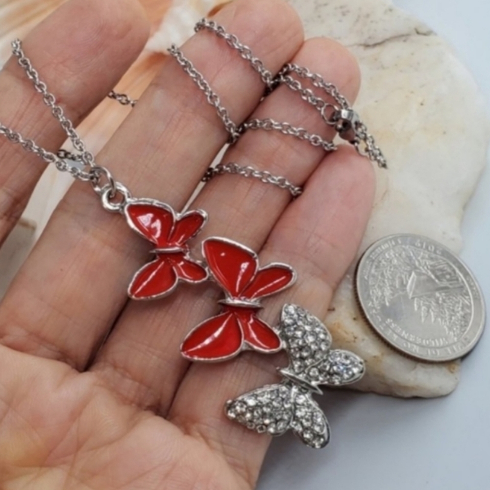 ❤️ Unique Butterfly Jewelry Silver Red Enameled Butterfly Pendant Hypoallergenic